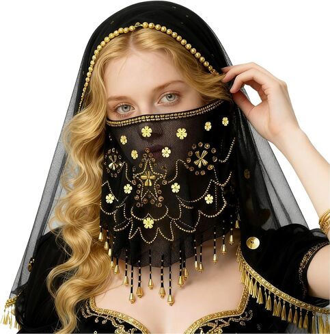 حجاب الوجه من بيسدان، أزياء الرقص الشرقي، حجاب شبكي للوجه مع إكسسوار أزياء الهالوين المطرز (أرجواني نقي) in Kuwait