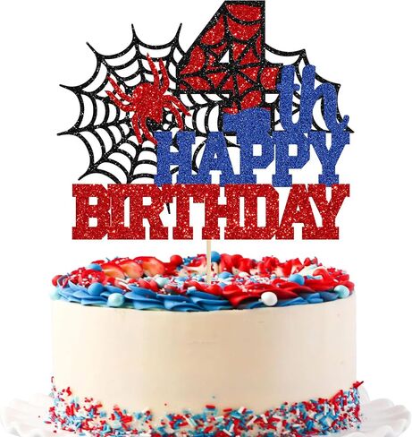 ephlyn 1pcs Happy 4th Birthday Cake Topper Glitter Spider Serped Happy الرابع ديكور كعكة عيد ميلاد للرجال يا أطفال هتافات إلى 4 سنوات لوازم حفلة عيد ميلاد in Kuwait