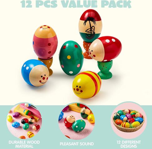 JOYIN 12 Packs 1.9''*2.7" Wooden Egg Shakers Maracas Percussion Musical for Party Favors, Classroom Prize Supplies, Musical Instrument, Basket Stuffers Fillers, Easter Hunt in Saudi Arabia