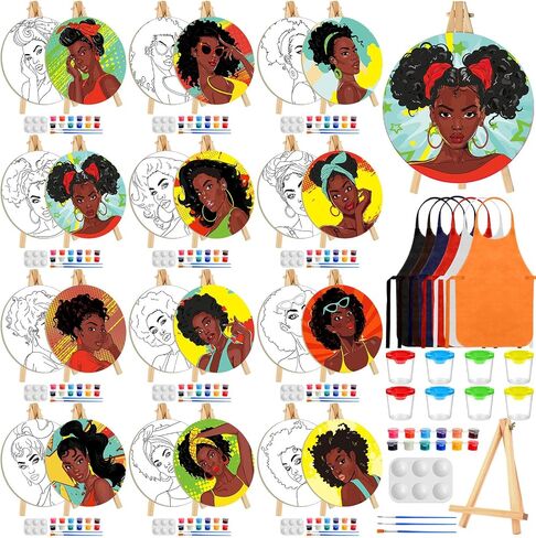 Supervitae 96 Pcs Pre Drawn Canvas Kit for Painting Kids Adults Sip and Paint Kit 5.9 Inch Round Pre Printed Canvas Painting for DIY Birthday Gifts Adult Date Party Favor (Black Girls) in Saudi Arabia