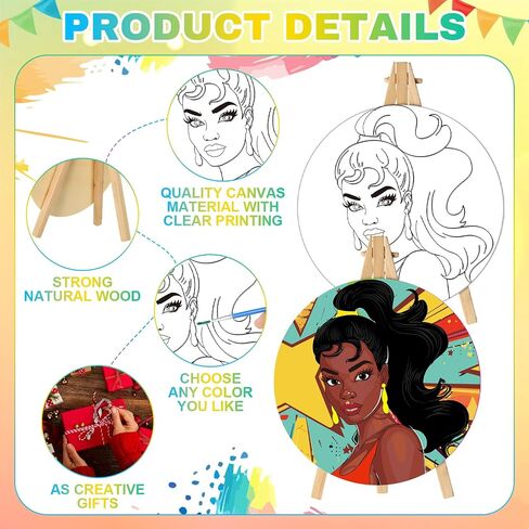 Supervitae 96 Pcs Pre Drawn Canvas Kit for Painting Kids Adults Sip and Paint Kit 5.9 Inch Round Pre Printed Canvas Painting for DIY Birthday Gifts Adult Date Party Favor (Black Girls) in Saudi Arabia