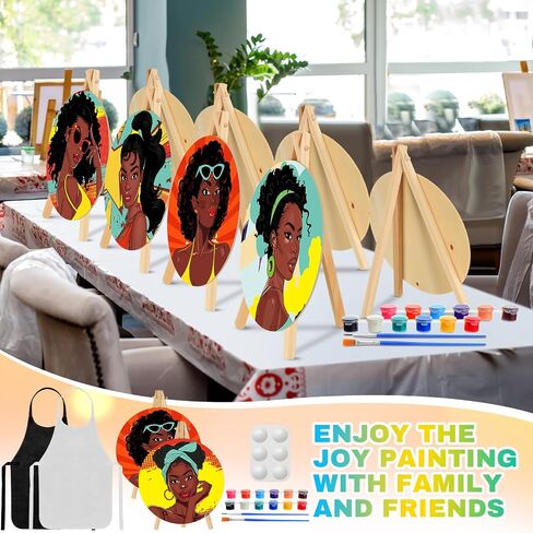 Supervitae 96 Pcs Pre Drawn Canvas Kit for Painting Kids Adults Sip and Paint Kit 5.9 Inch Round Pre Printed Canvas Painting for DIY Birthday Gifts Adult Date Party Favor (Black Girls) in Saudi Arabia