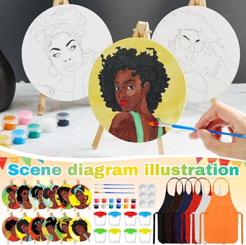 Supervitae 96 Pcs Pre Drawn Canvas Kit for Painting Kids Adults Sip and Paint Kit 5.9 Inch Round Pre Printed Canvas Painting for DIY Birthday Gifts Adult Date Party Favor (Black Girls) in Saudi Arabia