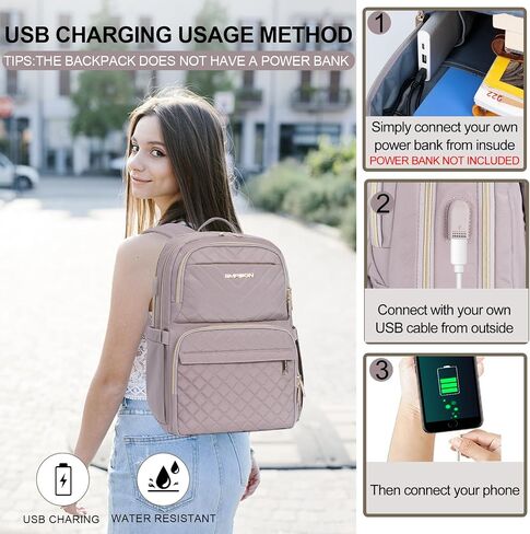 محفظة حقيبة الظهر المحمول من Empsign للنساء والرجال مع ميناء شحن USB ، 15.6 بوصة سفر حقيبة ظهر مقاومة للماء ، حقيبة حاسوب عمل عالية السعة 30L ، وردي رمادي مبطن in Kuwait