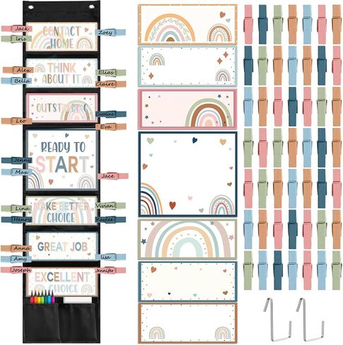 67 Pcs Student Behavior Clip Chart for Classroom Management Blue Boho Track Reward Incentive Behavior Pocket Chart Kids Boho Bulletin Board Hanging Tool for Teacher Office Elementary School Supplies in Saudi Arabia