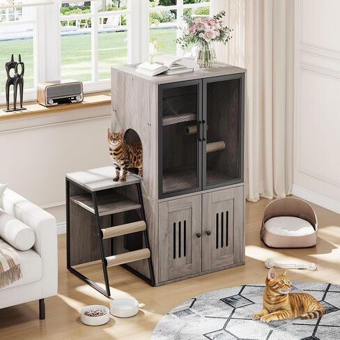 Garvee Double Cat Sterter Box Fence مع سلم ، منزل مزدوج القطط مع مساحة تخزين ، أثاث صندوق فضلات مغلق ، أبيض in Kuwait