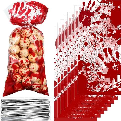 100 Pieces Halloween Bloody Treat Bags Decorations Halloween Candy Goodie Bags with 100 Silver Twist Ties Blood Holiday Snacks for Murder Bloody Theme Scary Party Favors, 10.8 x 5 Inch(White, Red) in Saudi Arabia