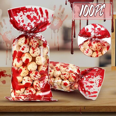 100 Pieces Halloween Bloody Treat Bags Decorations Halloween Candy Goodie Bags with 100 Silver Twist Ties Blood Holiday Snacks for Murder Bloody Theme Scary Party Favors, 10.8 x 5 Inch(White, Red) in Saudi Arabia
