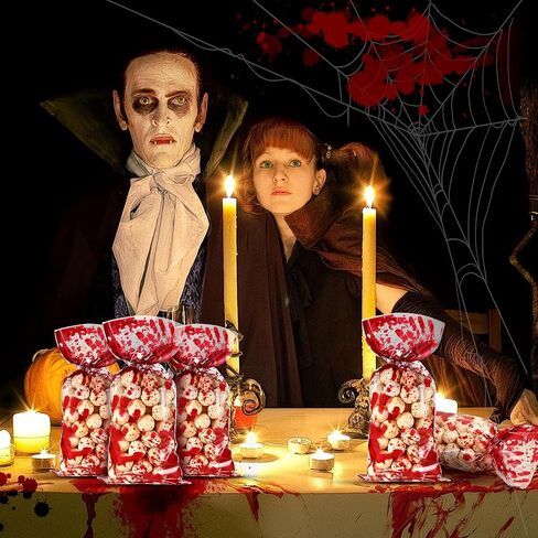100 Pieces Halloween Bloody Treat Bags Decorations Halloween Candy Goodie Bags with 100 Silver Twist Ties Blood Holiday Snacks for Murder Bloody Theme Scary Party Favors, 10.8 x 5 Inch(White, Red) in Saudi Arabia