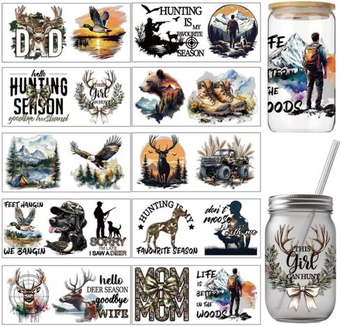 arricraft 10 Pcs Hunting Theme PVC Cup Printing Transfer Sticker, Hunters Wild Animals Pattern UV Waterproof Cup Sticker Kit for 16 oz Glasses Window Home Printing Decoration in Saudi Arabia
