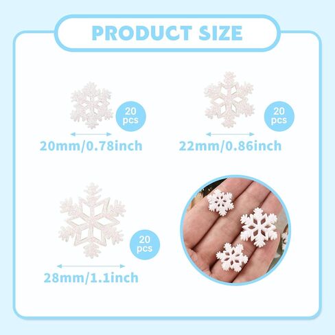 Miniature Resin Snowflakes, 60 Pcs 3 Sizes White Glitter Mini Snowflake Flatback Embellishments for Christmas DIY Crafts Accessories Winter Party Scrapbooking Phone Cases in Saudi Arabia