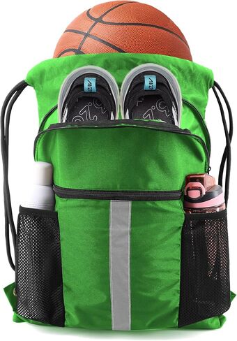 Drawstring Backpack Sports Gym Bag for Women Men Large Size With Two Zipper Pockets and Water Bottle Mesh Pockets in Saudi Arabia