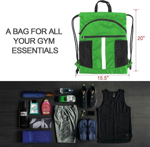 Drawstring Backpack Sports Gym Bag for Women Men Large Size With Two Zipper Pockets and Water Bottle Mesh Pockets in Saudi Arabia