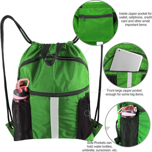 Drawstring Backpack Sports Gym Bag for Women Men Large Size With Two Zipper Pockets and Water Bottle Mesh Pockets in Saudi Arabia