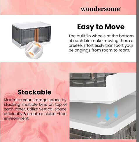 Wondersome Collapsible Storage Bins - 6-Pack of Extra-Large 19-Gallon/76-Quart Stackable Wheeled Clothing, Shoe, Bedroom, Office Organizer - Foldable Containers - Assembles in Second - US-Based Brand in Saudi Arabia