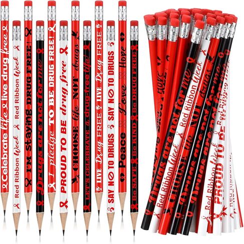 Tenceur 240 PCS Red Ribbon Week Pencils Bulk Red Rebon Awarress Month Supplies 12 تصميمات مخدرات خالية من المخدرات مع محو للمستلزمات المكتبية للمعلمين النشاط الخيري لجمع التبرعات المتطوعين in Kuwait