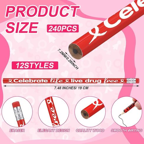 Tenceur 240 PCS Red Ribbon Week Pencils Bulk Red Rebon Awarress Month Supplies 12 تصميمات مخدرات خالية من المخدرات مع محو للمستلزمات المكتبية للمعلمين النشاط الخيري لجمع التبرعات المتطوعين in Kuwait