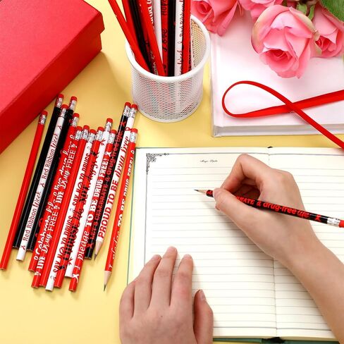 Tenceur 240 PCS Red Ribbon Week Pencils Bulk Red Rebon Awarress Month Supplies 12 تصميمات مخدرات خالية من المخدرات مع محو للمستلزمات المكتبية للمعلمين النشاط الخيري لجمع التبرعات المتطوعين in Kuwait