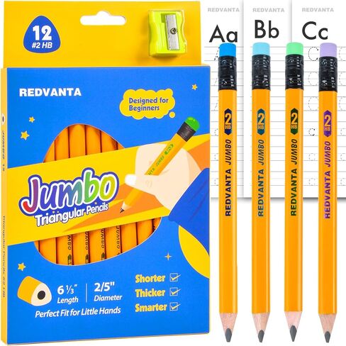 Pre-sharpened Jumbo Pencils #2 for Toddlers, Triangular Fat pencils with Erasers for Preschoolers, Beginners, Kindergarten, School 12 Count in Saudi Arabia