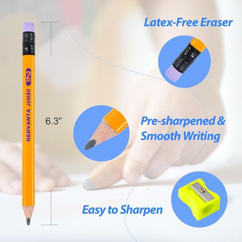 Pre-sharpened Jumbo Pencils #2 for Toddlers, Triangular Fat pencils with Erasers for Preschoolers, Beginners, Kindergarten, School 12 Count in Saudi Arabia