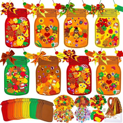 Winlyn 24 Sets Fall Craft Kits Diy Maple Leaf Pumpkin Mason Jar Orments Decorations Arts Attrics Foam Stickers Easy Atrictgiving Arts and Crafts for Kids Home Classroom Tivors Party Party in Saudi Arabia