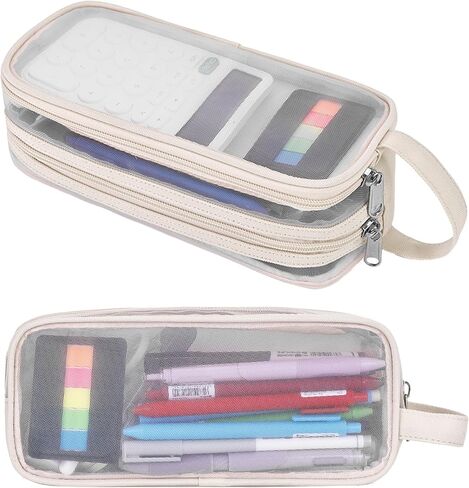 Large Grid Mesh Pencil Case, 2 Compartment Pen Pouch with Zipper, Clear Handheld Multifunction Pen Bag for School, Office, Teen Girls Boys, Travel Organizer Transparent Makeup in Kuwait