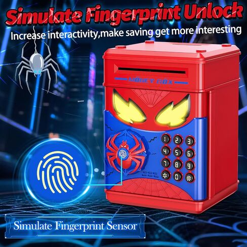 Wrystte Spider Piggy Bank for Kids,Electronic Money Box with Fingerprint,ATM Safe Coin&Cash Saving Box,Kids Toys for Age 4 5 6 7 8,Christmas Birthday Gifts for 9 10 11 12 Year Old Boys Girls(Blue) in Saudi Arabia