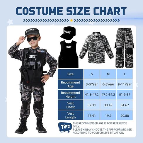 SWAT Police Officer Costume for Kids,Policea and Army Costume for Boys with camouflage uniform,SWAT Vest,Halloween Costume for Boy,Cosplay Themed Party for Boys Girls in Saudi Arabia