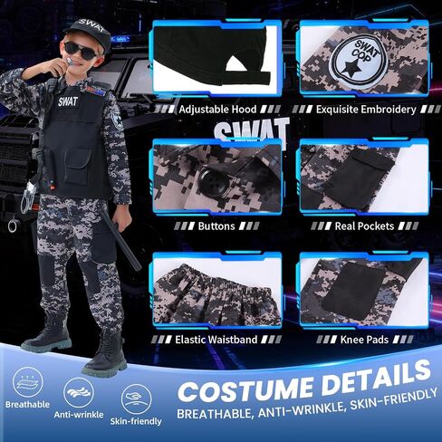 SWAT Police Officer Costume for Kids,Policea and Army Costume for Boys with camouflage uniform,SWAT Vest,Halloween Costume for Boy,Cosplay Themed Party for Boys Girls in Saudi Arabia