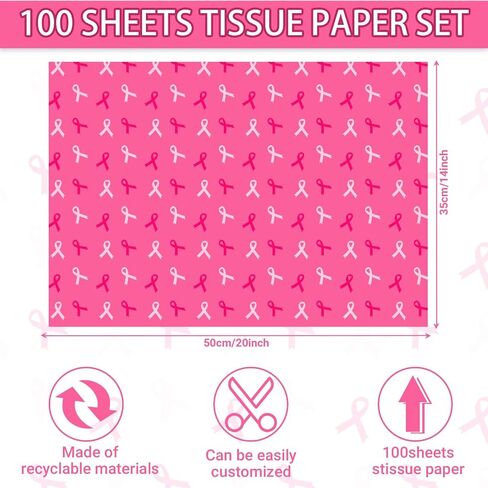 100Sheets 20 * 14 Inches Breast Cancer Awareness Tissue Paper for Gift Wrapping Pink Ribbon Printed Tissue Paper for Gift Bags for Breast Cancer Month Charity Party DIY Craft in Saudi Arabia
