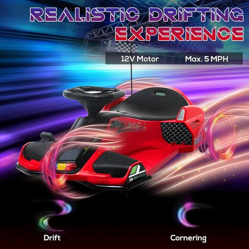 AOSOM 12V ELECTRAL GO KART ، سيارة انجراف 5 ميل في الساعة ، ركوب بطارية في الهواء الطلق مع بداية بطيئة ، الموسيقى ، الأضواء الملونة ، لمدة 8-12 سنة ، أسود in Saudi Arabia