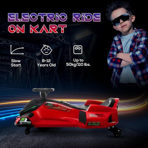 AOSOM 12V ELECTRAL GO KART ، سيارة انجراف 5 ميل في الساعة ، ركوب بطارية في الهواء الطلق مع بداية بطيئة ، الموسيقى ، الأضواء الملونة ، لمدة 8-12 سنة ، أسود in Saudi Arabia