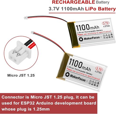 Makerfocus 4pcs 3.7v 1100mAh بطارية البوليمر الليثيوم 1S 1C بطارية قابلة لإعادة الشحن مع لوحة حماية وشريط مطاطي معزول وسدادات JST 1.25 لإنشاء ESP32 Development in Saudi Arabia