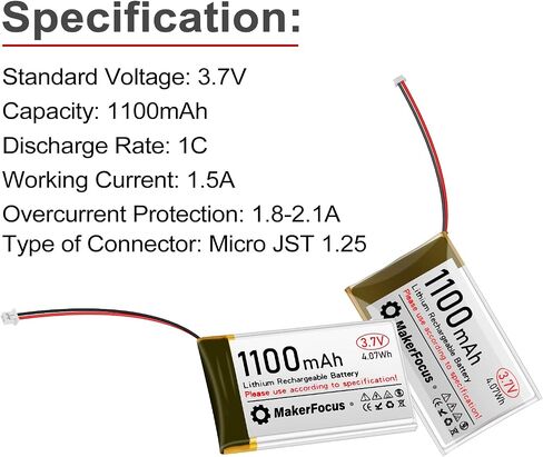 Makerfocus 4pcs 3.7v 1100mAh بطارية البوليمر الليثيوم 1S 1C بطارية قابلة لإعادة الشحن مع لوحة حماية وشريط مطاطي معزول وسدادات JST 1.25 لإنشاء ESP32 Development in Saudi Arabia
