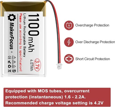 Makerfocus 4pcs 3.7v 1100mAh بطارية البوليمر الليثيوم 1S 1C بطارية قابلة لإعادة الشحن مع لوحة حماية وشريط مطاطي معزول وسدادات JST 1.25 لإنشاء ESP32 Development in Saudi Arabia