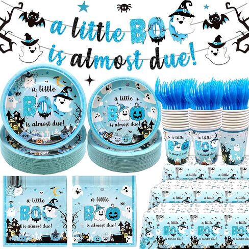 183Pcs A Little Boo Is Almost Due Baby Shower Boy Little Boo Baby Shower Decorations Boy Halloween Plates and Napkins Blue Halloween Tableware in Saudi Arabia