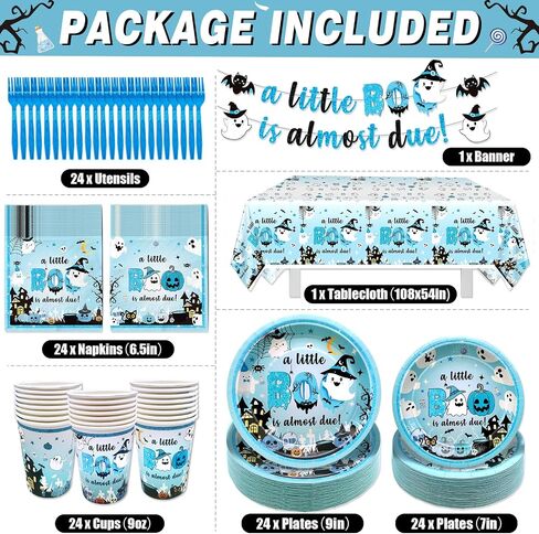 183Pcs A Little Boo Is Almost Due Baby Shower Boy Little Boo Baby Shower Decorations Boy Halloween Plates and Napkins Blue Halloween Tableware in Saudi Arabia