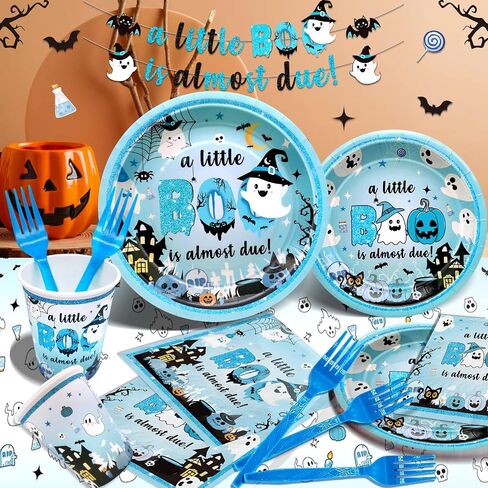 183Pcs A Little Boo Is Almost Due Baby Shower Boy Little Boo Baby Shower Decorations Boy Halloween Plates and Napkins Blue Halloween Tableware in Saudi Arabia