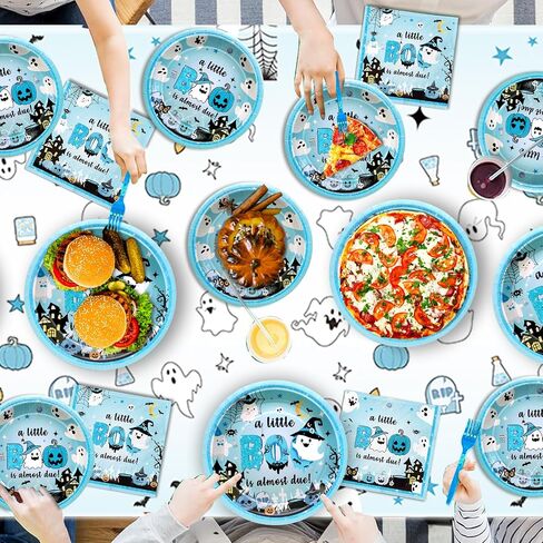 183Pcs A Little Boo Is Almost Due Baby Shower Boy Little Boo Baby Shower Decorations Boy Halloween Plates and Napkins Blue Halloween Tableware in Saudi Arabia