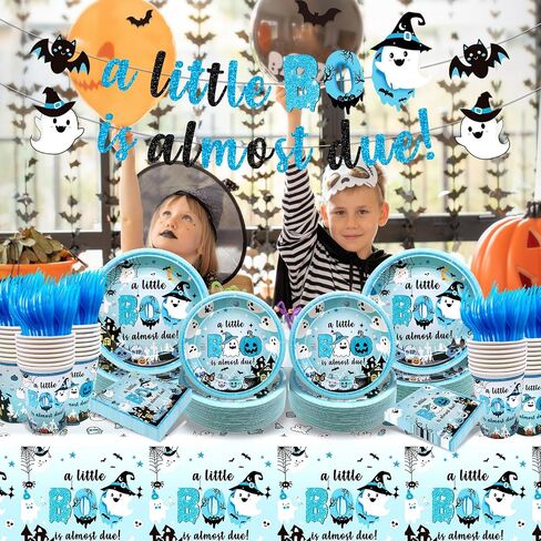 183Pcs A Little Boo Is Almost Due Baby Shower Boy Little Boo Baby Shower Decorations Boy Halloween Plates and Napkins Blue Halloween Tableware in Saudi Arabia