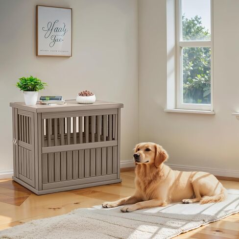 Drato Dog Crate Furniture And Table Table Stand Stand Fature مع مزلاج قابل للقفل للكلاب الصغيرة إلى الكبيرة من الكلاب الجانبية ، الكلاب الحديثة في داخلي (بني فاتح ، صغير الحجم (29.65 * 21.3 * 25.28)) in Kuwait