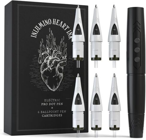 Tattoo Practice Pen by Inlumino Heart Ink – Wireless Rotary Dot Pen Machine with 6 Black Ballpoint Cartridges – Electric Tattoo Training Tool with 2 Batteries & Magnetic Carry Case in Saudi Arabia
