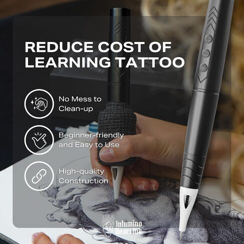 Tattoo Practice Pen by Inlumino Heart Ink – Wireless Rotary Dot Pen Machine with 6 Black Ballpoint Cartridges – Electric Tattoo Training Tool with 2 Batteries & Magnetic Carry Case in Saudi Arabia