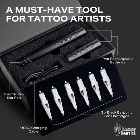 Tattoo Practice Pen by Inlumino Heart Ink – Wireless Rotary Dot Pen Machine with 6 Black Ballpoint Cartridges – Electric Tattoo Training Tool with 2 Batteries & Magnetic Carry Case in Saudi Arabia