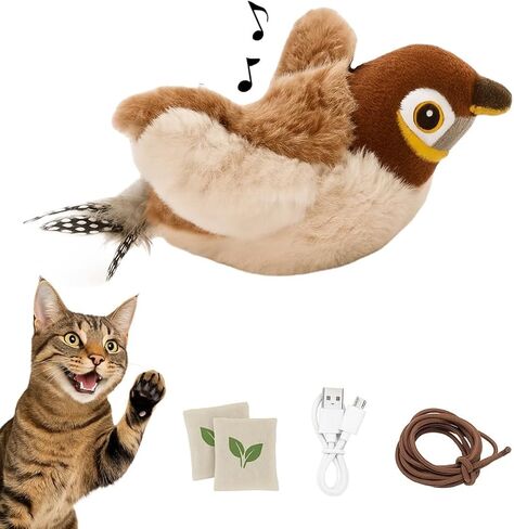Toys Rechargeable Flapping Bird Sparrow (Not Flying), Lifelike Chirp Tweet, Touch Activated Kitten Toy Interactive Cat Exercise Toys for All Breeds Cat Kicker Catnip Toys (White Sparrow) in Saudi Arabia