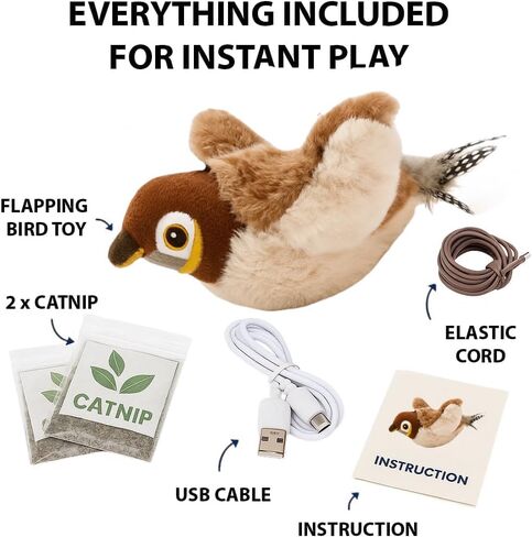 Toys Rechargeable Flapping Bird Sparrow (Not Flying), Lifelike Chirp Tweet, Touch Activated Kitten Toy Interactive Cat Exercise Toys for All Breeds Cat Kicker Catnip Toys (White Sparrow) in Saudi Arabia