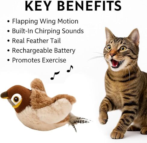 Toys Rechargeable Flapping Bird Sparrow (Not Flying), Lifelike Chirp Tweet, Touch Activated Kitten Toy Interactive Cat Exercise Toys for All Breeds Cat Kicker Catnip Toys (White Sparrow) in Saudi Arabia