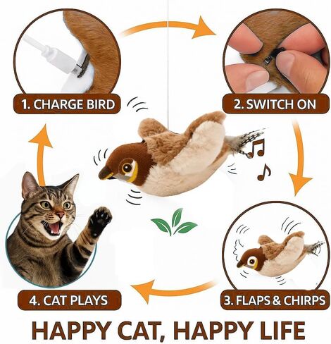 Toys Rechargeable Flapping Bird Sparrow (Not Flying), Lifelike Chirp Tweet, Touch Activated Kitten Toy Interactive Cat Exercise Toys for All Breeds Cat Kicker Catnip Toys (White Sparrow) in Saudi Arabia