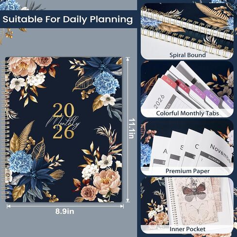 2026 Monthly Planner - 9'' x 11'', Monthly Planner/Calendar 2026, from Jan.-Dec. 2026, 12 Month Calendar with Tabs, Premium Paper, Twin-wire Binding, Inner Pocket, Note Pages in Saudi Arabia