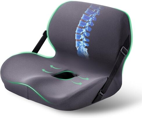 One-Piece Memory Foam Seat & Back Cushion - Lumbar Support, Adjustable Strap, Non-Slip Bottom - Breathable Removable Cover for Office Chair, Car, Truck (Grey) in Kuwait
